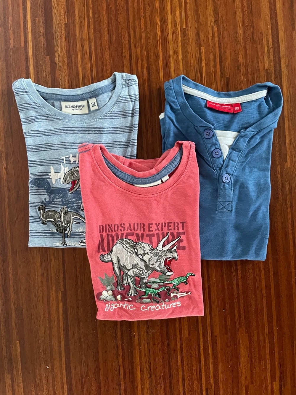 3 tolle T-Shirts, Größe 128, Salt & Pepper, mit Dinosaurier