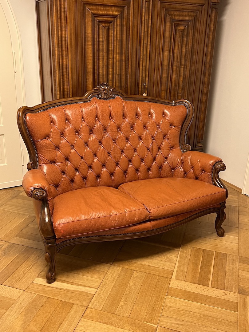 Barock Möbel Sofa Couch Echtleder Nussbaum Wohnzimmer Rokoko Louis XV 