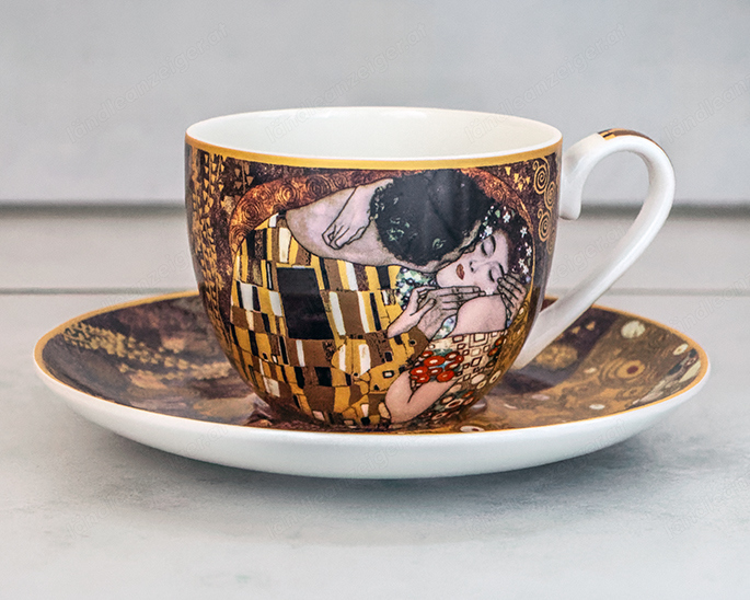 zwei Gustav Klimt Kaffeetassen mit Untertassen, Porzellan von Carmani   