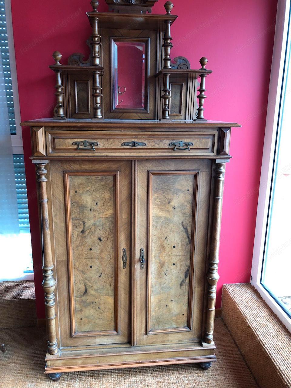 Gründerzeit Kommode Vertiko Antik Anrichte mit Aufsatz Nussbaum Schrank Jugendstil