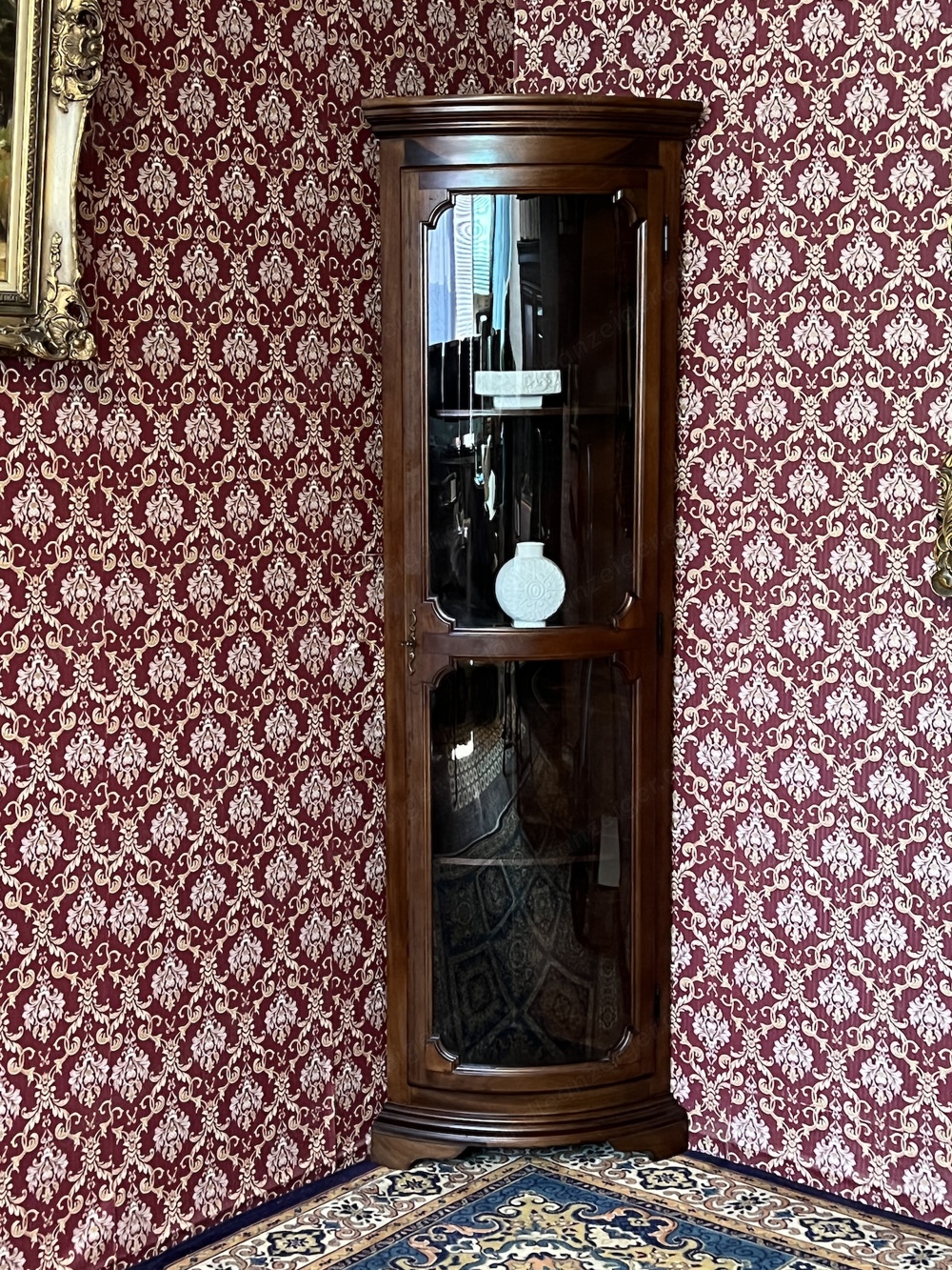 Biedermeier Eckvitrine Vitrine Nussbaum dunkel Barock Landhaus Rokoko Eckschrank Stilmöbel Louis XV 