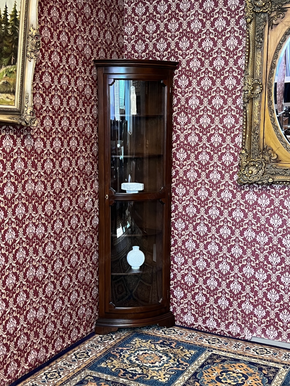 Biedermeier Eckvitrine Vitrine Nussbaum dunkel Barock Landhaus Rokoko Eckschrank Stilmöbel Louis XV 