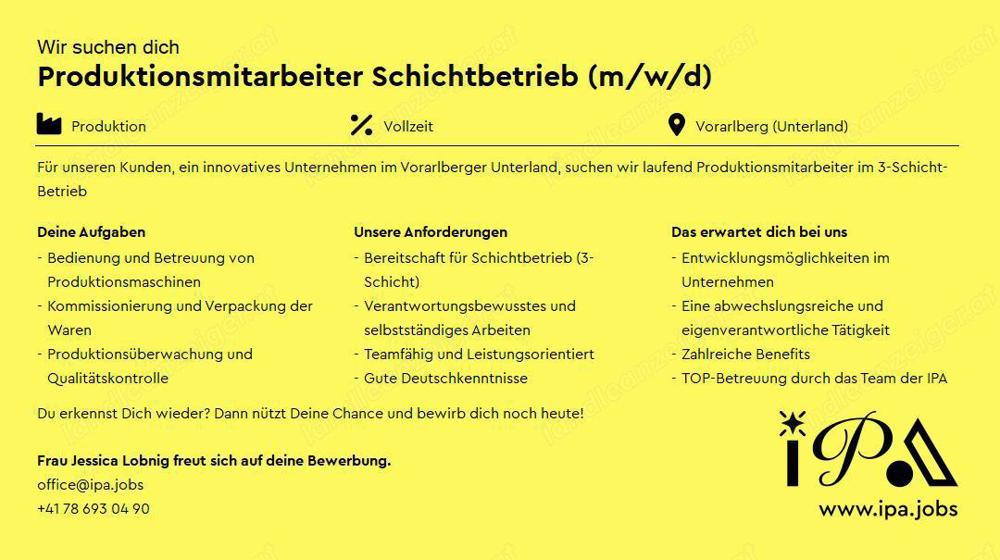 Produktionsmitarbeiter Im Schichtbetrieb (m W D) Gesucht! In Feldkirch ...