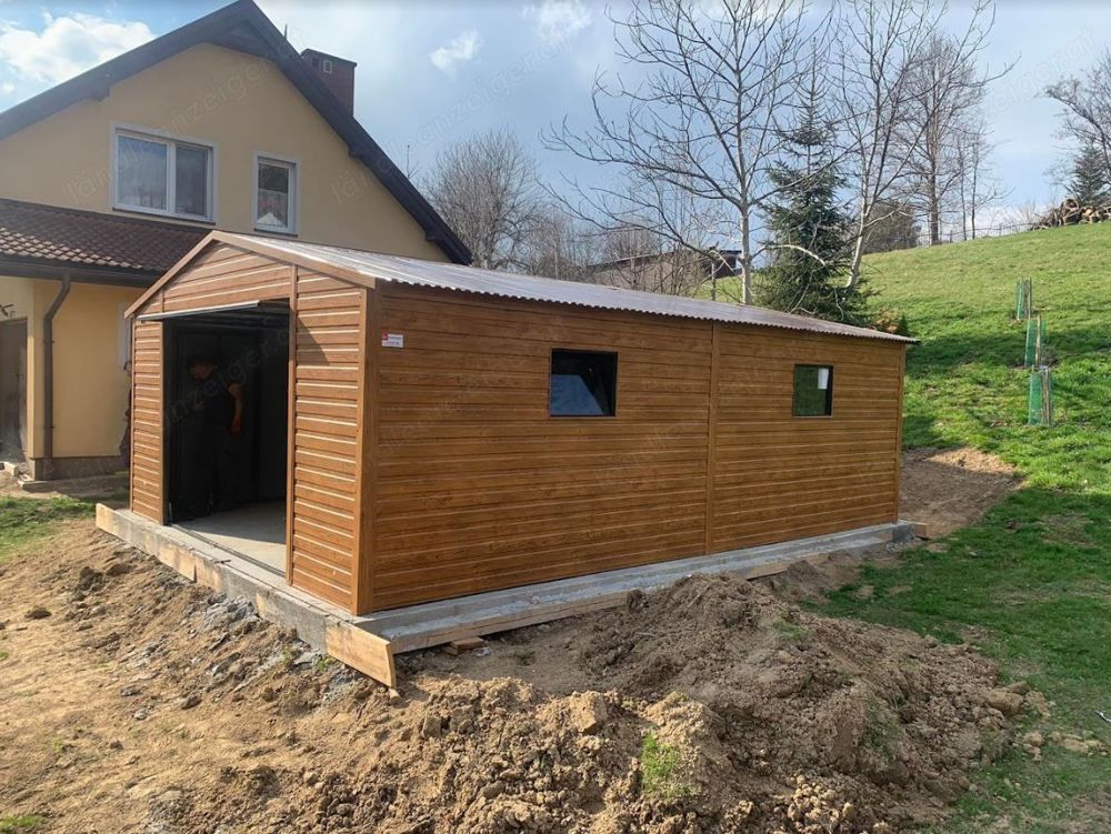 Gartenhaus 4m x 8m, Blechgarage, Garage, Doppelgarage, Farbe Gold Eiche, Schwingtor