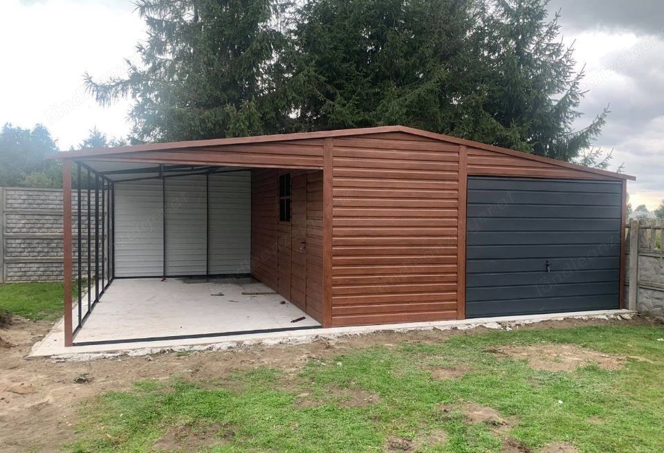 Blechgarage, Geräthaus, 5m Garage - 3m Überdachung, Seitenwandhöhe 2,12m, Höhe des Tors 1,90m