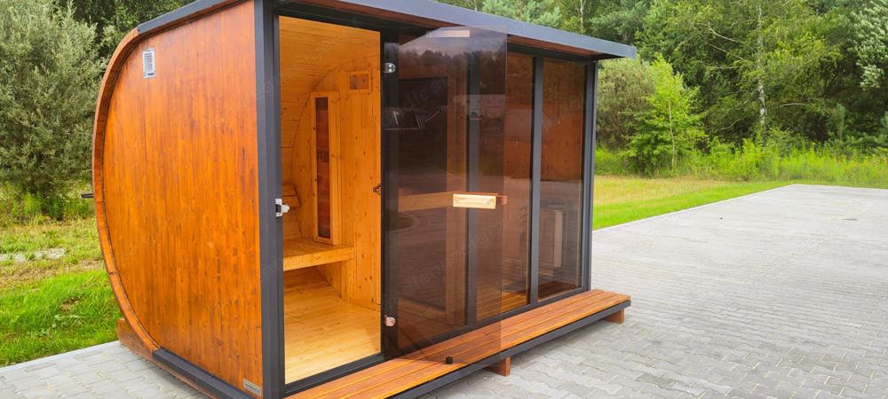 GardenAndPoolsCom Gartensauna SPA Outdoorsauna Saunahaus 3,8 x 2,4 m HORISONT M5 Saunaofen Ruhe Raum