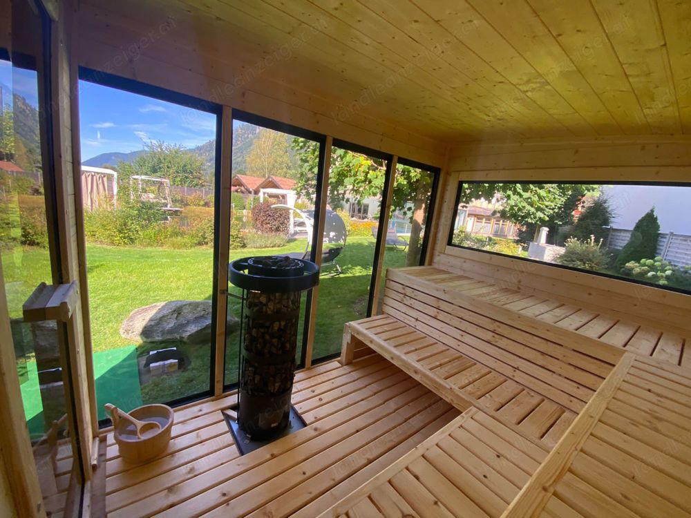 GardenAndPoolsCom Garten Sauna Hütte Outdoorsauna Saunahaus Horizint House 4 m inkl.Ofen Ruhe Raum 