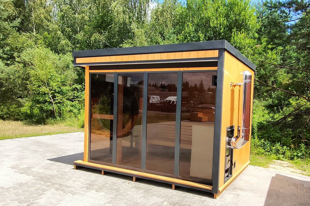 GardenAndPoolsCom Garten Sauna Hütte Outdoorsauna Saunahaus Horizint House 4 m inkl.Ofen Ruhe Raum 