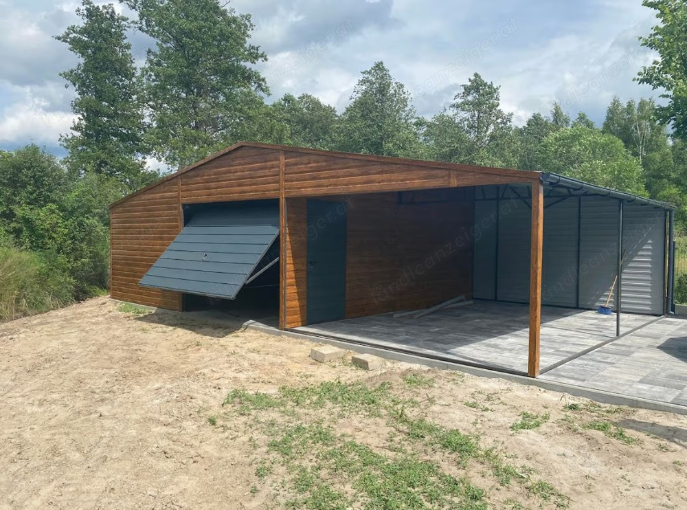 Blechgarage 7m x 6m + Schuppen 4 m, Farbe: Golden Eiche + Graphit Tor, Metallgarage,Fertiggarage