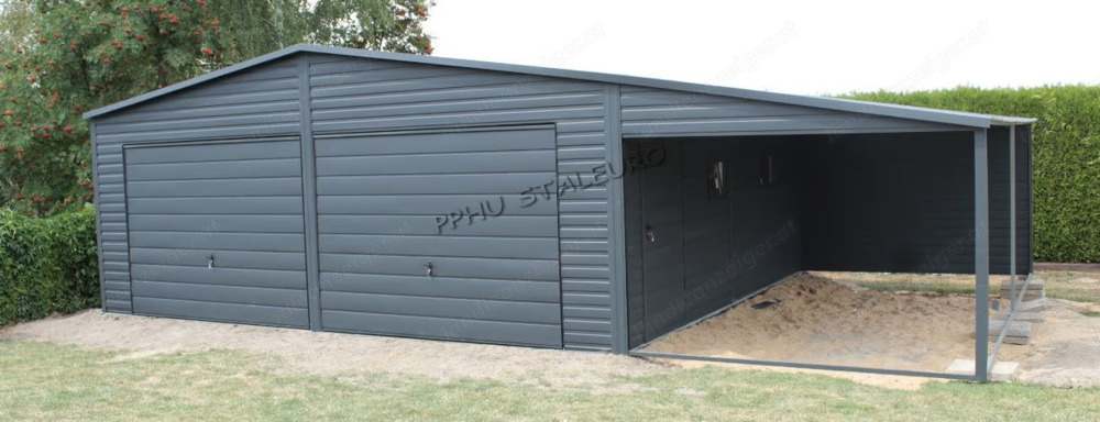 Blechgarage 7m x 6m + Schuppen 3 m,  Farbe: GraphitGeräthaus,Doppeltgarage,Metallgarage,Fertiggarage