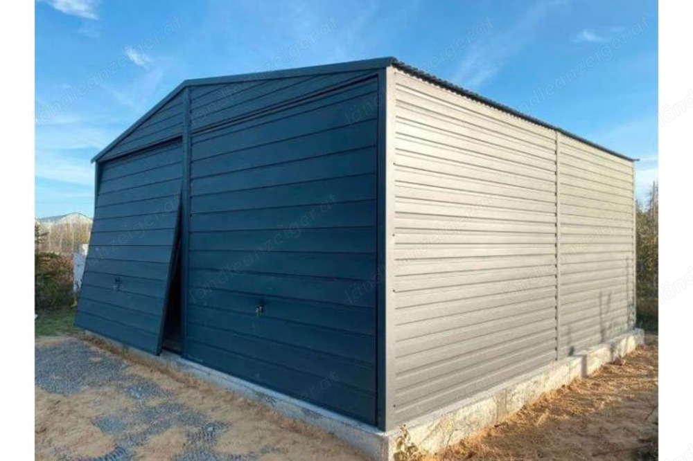 Blechgarage Geräthaus 6m x 6m, Seitenwandhöhe 2,60 m, Höhe des Tors 2.40m,Dach mit T14-Trapezblech