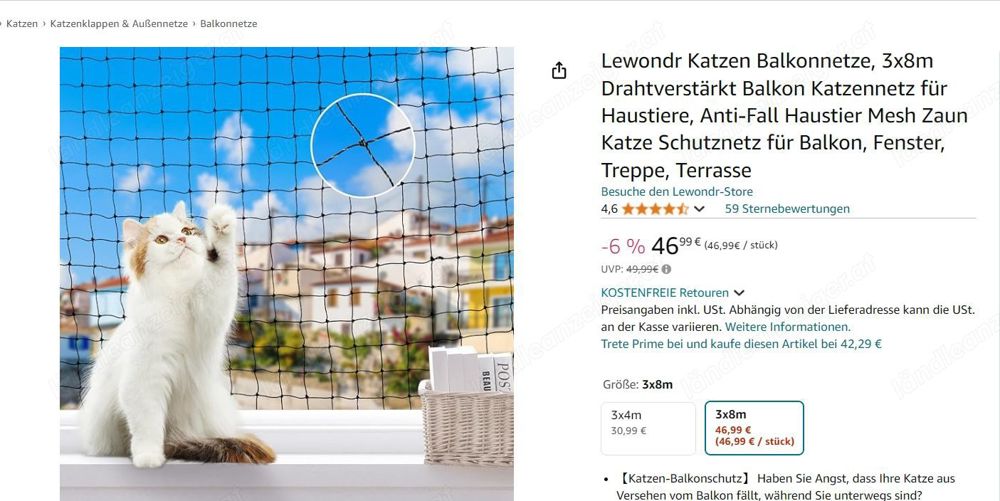 Balkonnetz für Katzen 3x8m drahtverstärkt