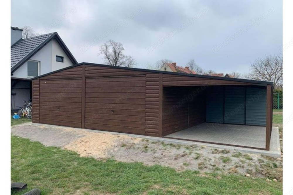 Blechgarage 7m x 7m, Doppeltgarage + Schuppen 3m, Gesamthöhe 2,65m, Seitenwand 2,12 m hoch,Geräthaus