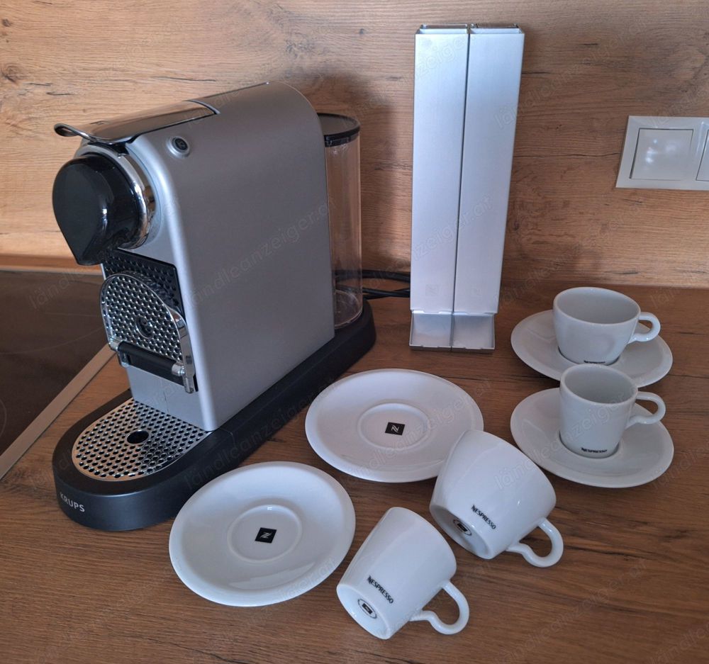 Krups CitiZ Silver Nespresso Kaffeemaschine + PIXIE Kapselspender + 2 x Lungo Espresso-Tassen-Set