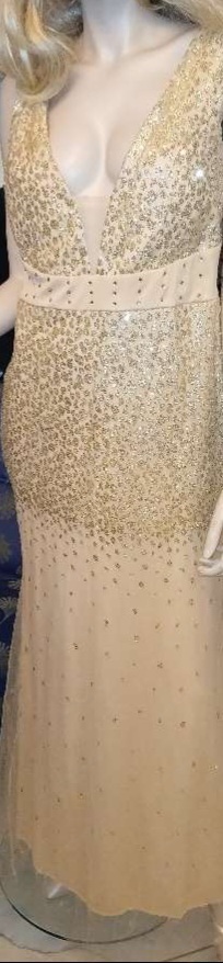 Modernes gold, beiiges Ballkleid mit Steinchen einmal getragen zu einem günstigen Preis 