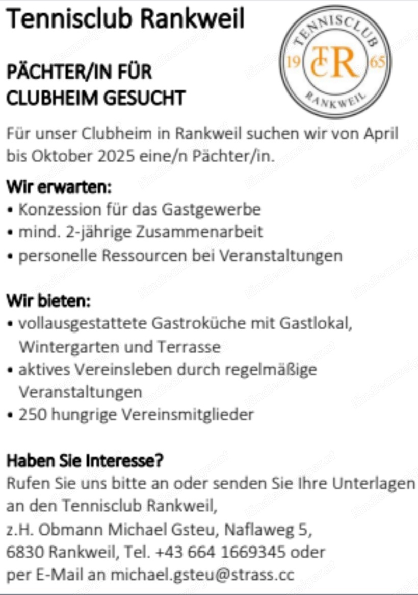 Pächter in für Clubheim gesucht