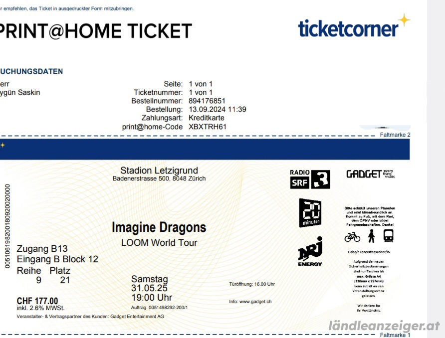 Imagine Dragons Konzert Ticket Karte