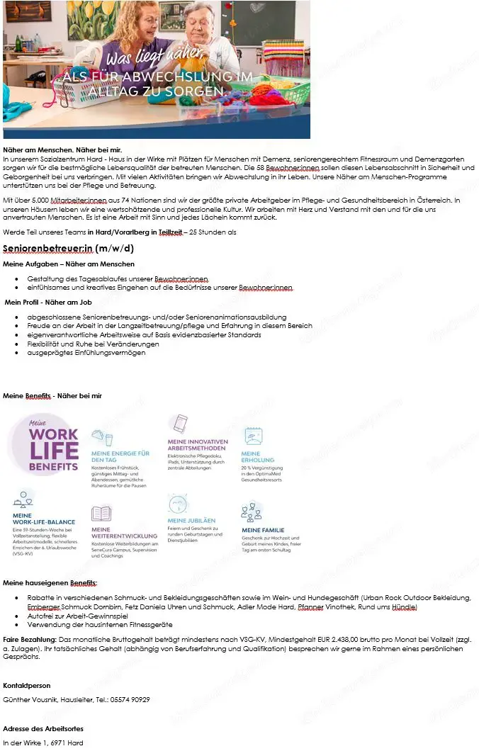 SeneCura Hard sucht: Seniorenbetreuer:in (m w d)  mit 25 Stunden Anstellung