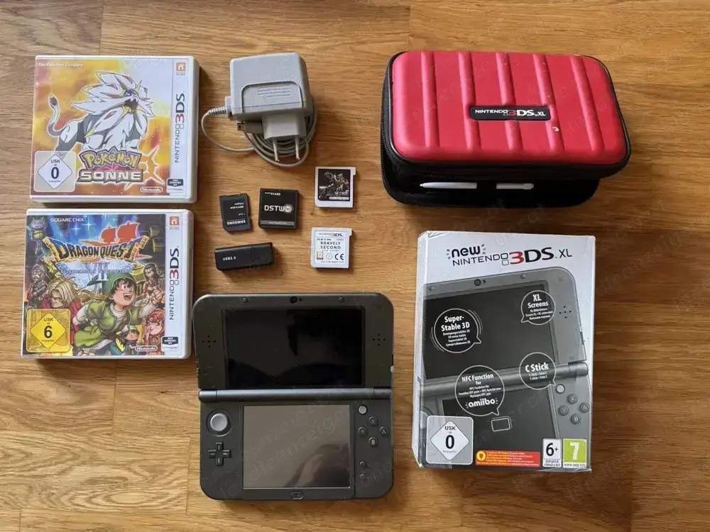 New Nintendo 3DS XL mit Spielen, Ladekabel, Tasche, Originalverpackung, Sky3DS