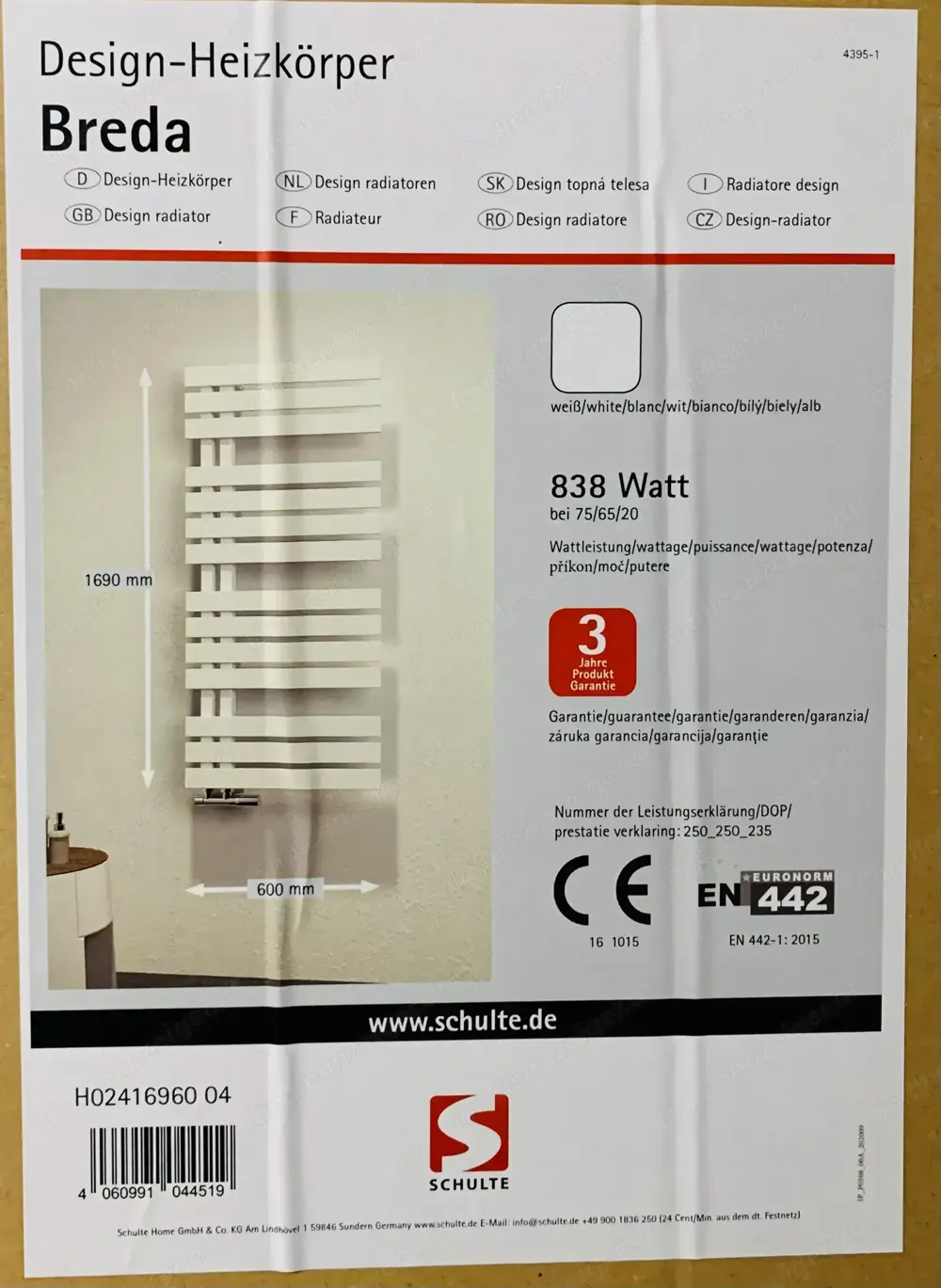 Schulte Breda Designheizkörper + Heizstab 900W in Originalverpackung Schulte Breda Designheizkörper + Heizstab 900W in Originalverpackung