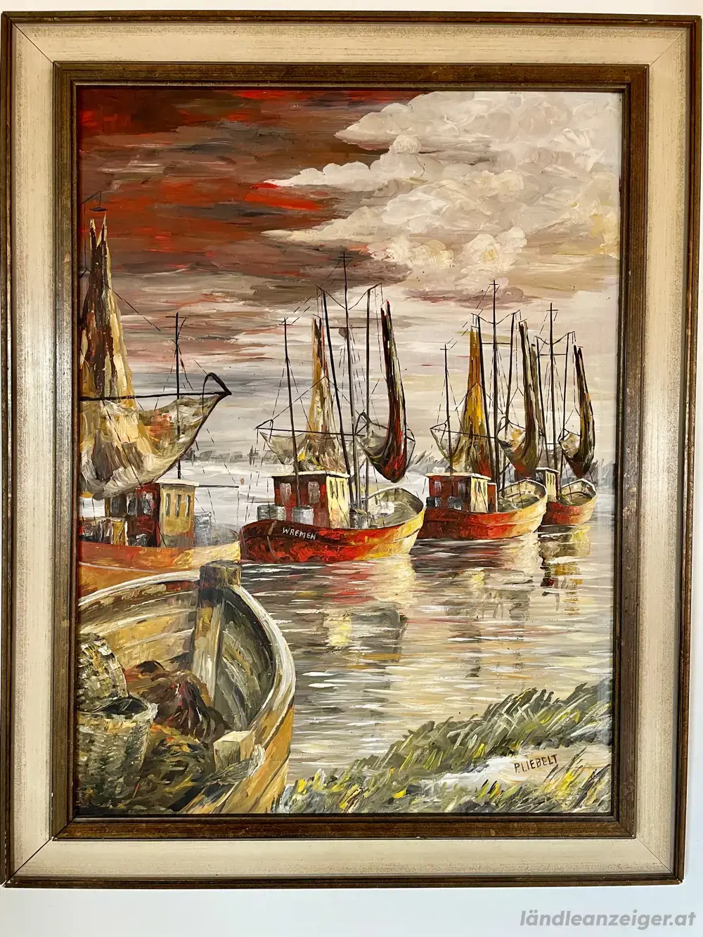 Ölgemälde Hafenmotiv mit Fischerbooten signiert P. Liebelt Vintage-Rahmen Ölgemälde Hafenmotiv mit Fischerbooten signiert P. Liebelt Vintage-Rahmen