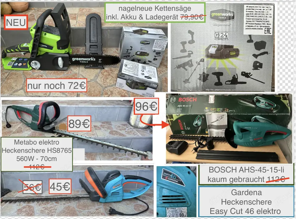 Akku Kettensäge Heckenschere Bosch Gardena Metabo greenworks Tools