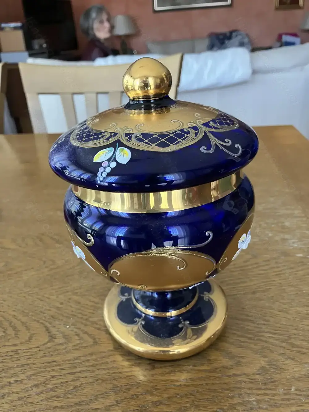 Glasschale blau gold Blumendekor mit Deckel Vintage Glasschale blau gold Blumendekor mit Deckel Vintage