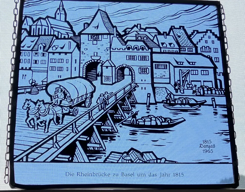 Rheinbrücke Basel 1815 auf blauem Glas Zinneinfassung 1965 Rheinbrücke Basel 1815 auf blauem Glas Zinneinfassung 1965
