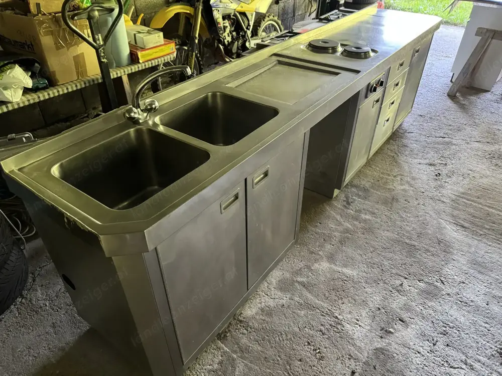 Edestahl-Küche Gastro-Küche Outdoor-Küche mit 325 cm langer Arbeitsplatte, Doppelspüle, Kochplatten