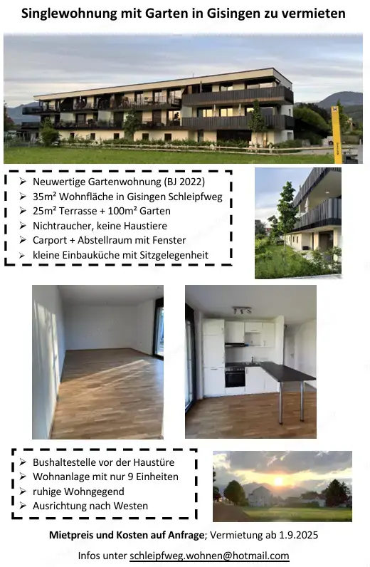 1-Zimmer-Gartenwohnung zu vermieten 1-Zimmer-Gartenwohnung zu vermieten