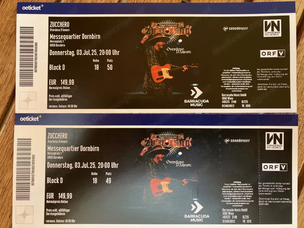Zucchero Konzert in Dornbirn, 2 sehr gute Karten! Zucchero Konzert in Dornbirn, 2 sehr gute Karten!