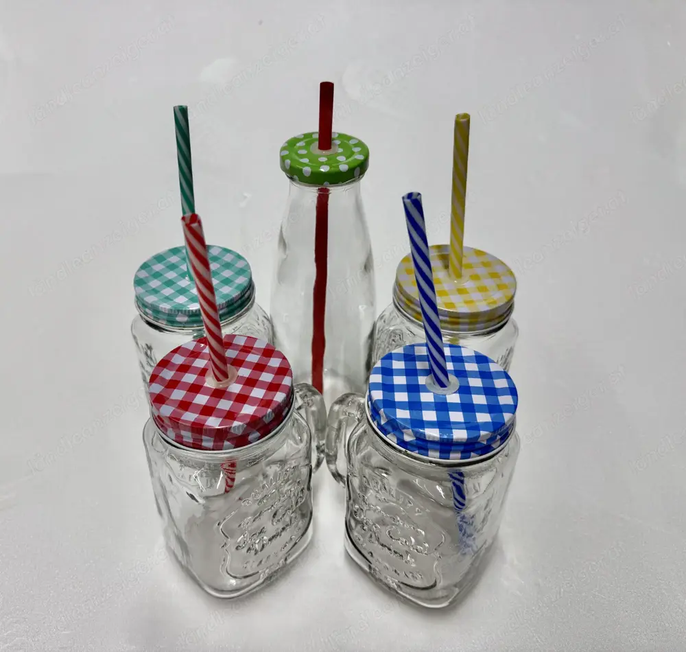 Trinkglas Set mit Deckel und Strohalm Glas Getränkeglas Outdoorglas