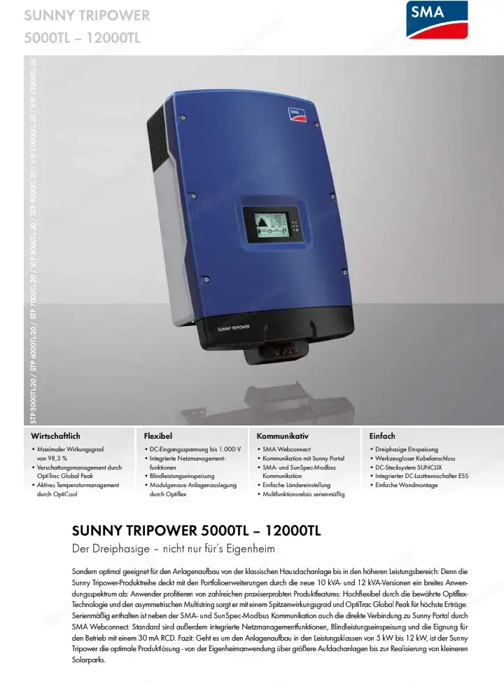 SMA wechselrichter tripower stp 6000tl-2 und 3 sunnyboy tl 2100