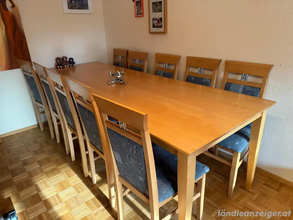 Großer Esstisch aus Vollholz mit 10 Stühlen zu verkaufen