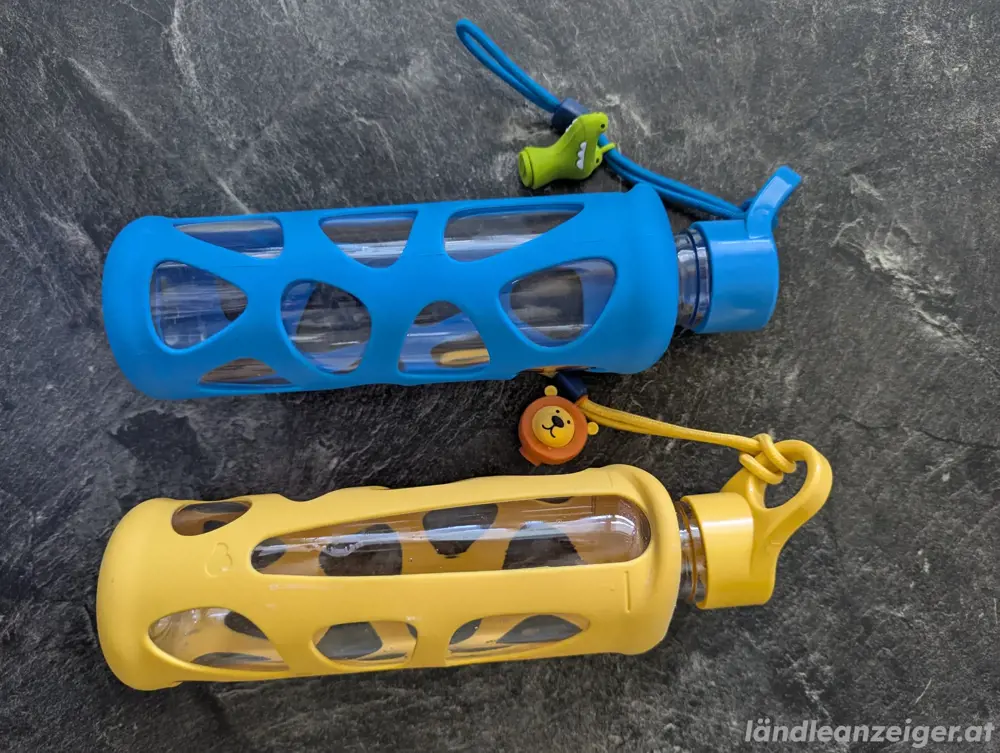 Trinkflaschen Glas mit Silikonschutzhülle für Kindergarten, Volksschule 