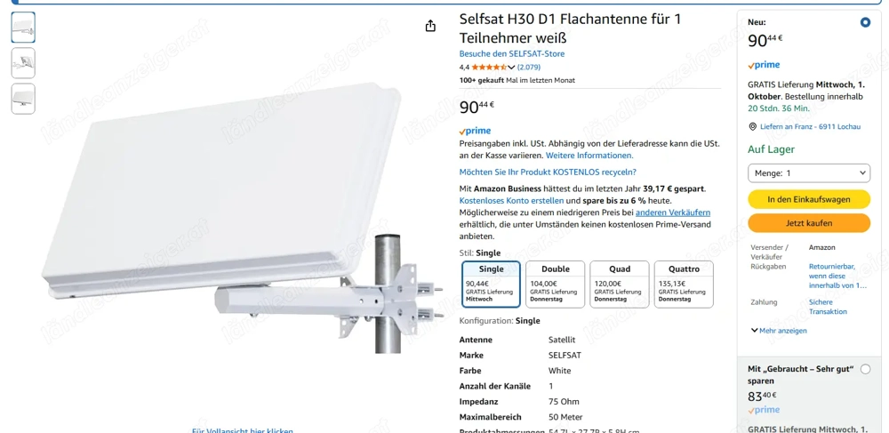Verkaufe Sat - Antenne Flachantenne Selfsat H30 D1