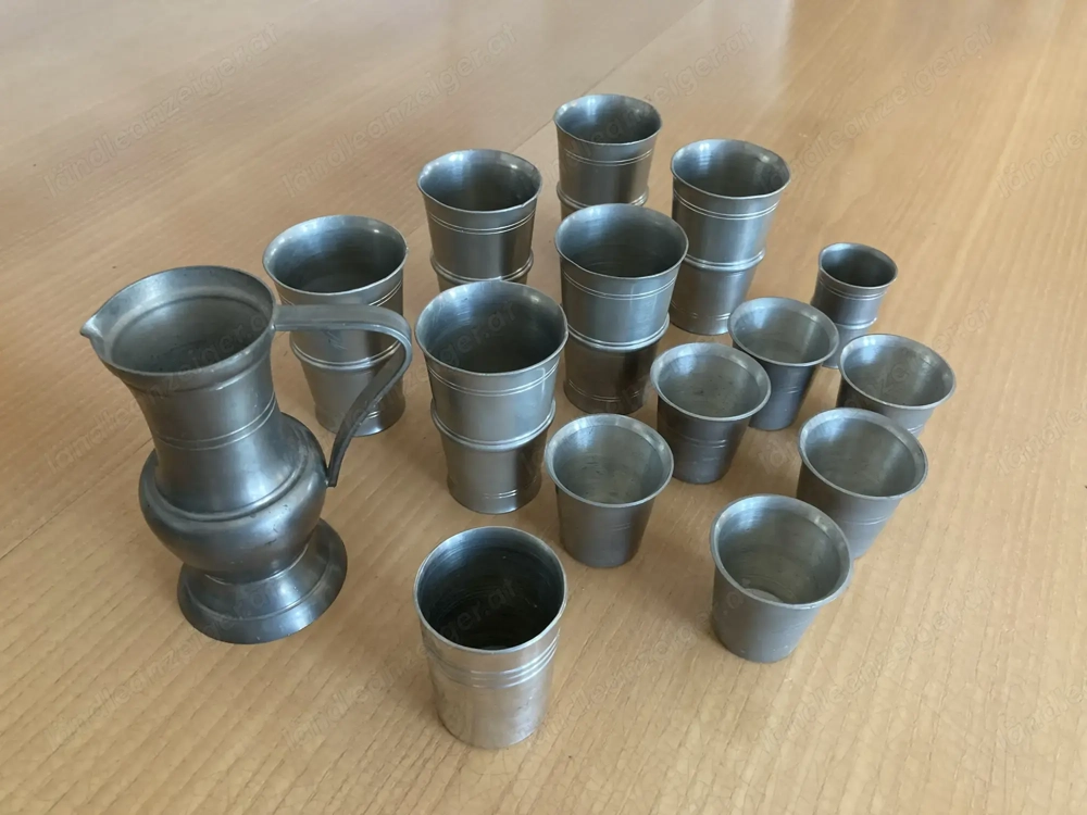 Zinnbecher, Zinnstamperl und kleiner Zinnkrug