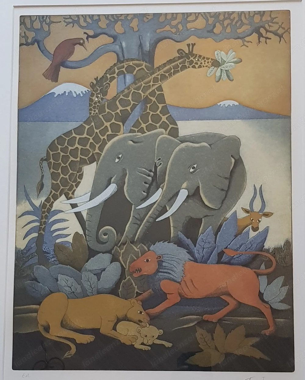 Landschaft mit exotischen Tieren mit Kilimandscharo im Hintergrund, Farbradierung von Francis Lubas 