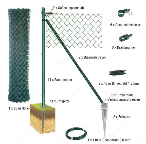 2 Mal Maschendrahtzaun 25m Komplett-Set Höhe: 100cm
