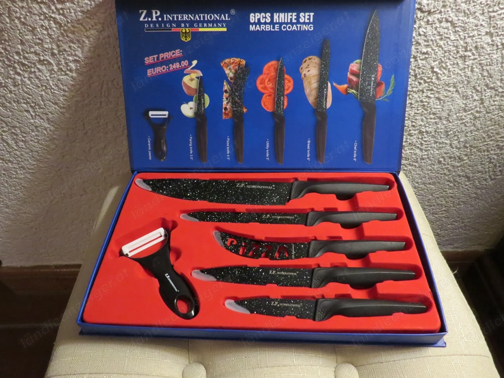 Messerset 6tlg im Koffer Küchenmesser Brotmesser Pizzamesser Sparschäler