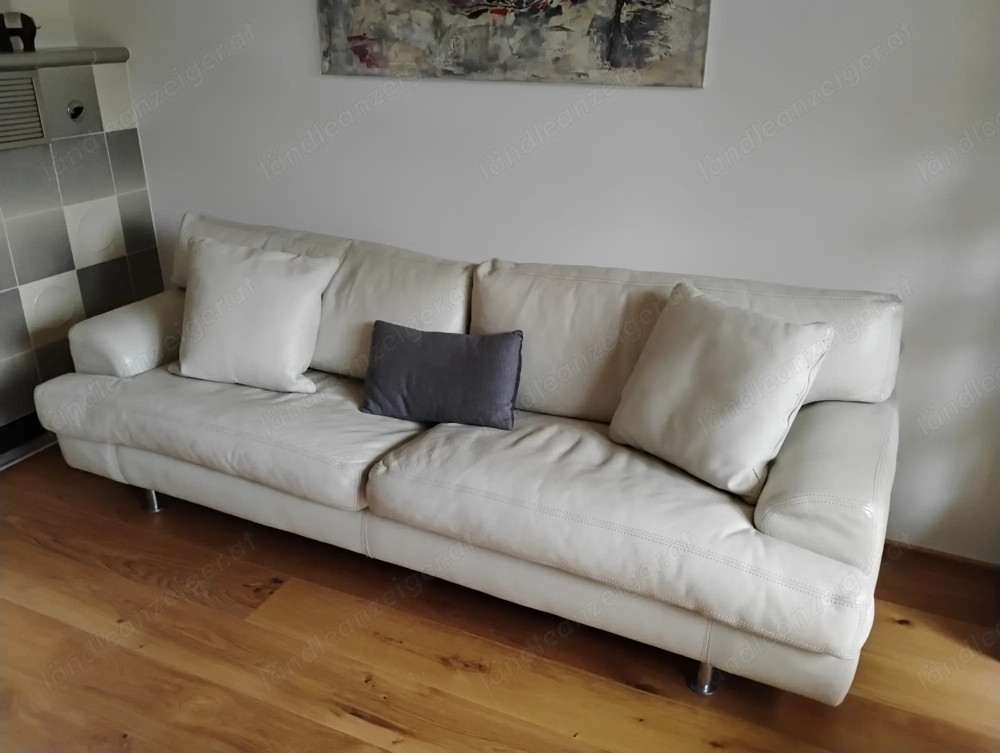 3er Ledersofa mit 2 Kissen in Weiss, Leder Neuwertig, (Hersteller Machalke Deutschland)