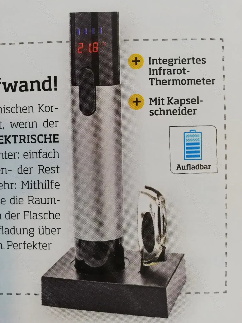 Weinöffner - Korkenzieher elektrisch (Akku) mit Thermometer NEU anstatt 99,-  nur Euro 38,-