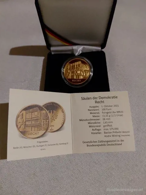 100 Euro Goldmünze Deutschland 2021, Säulen der Demokratie-Recht, 999,9 Feingold