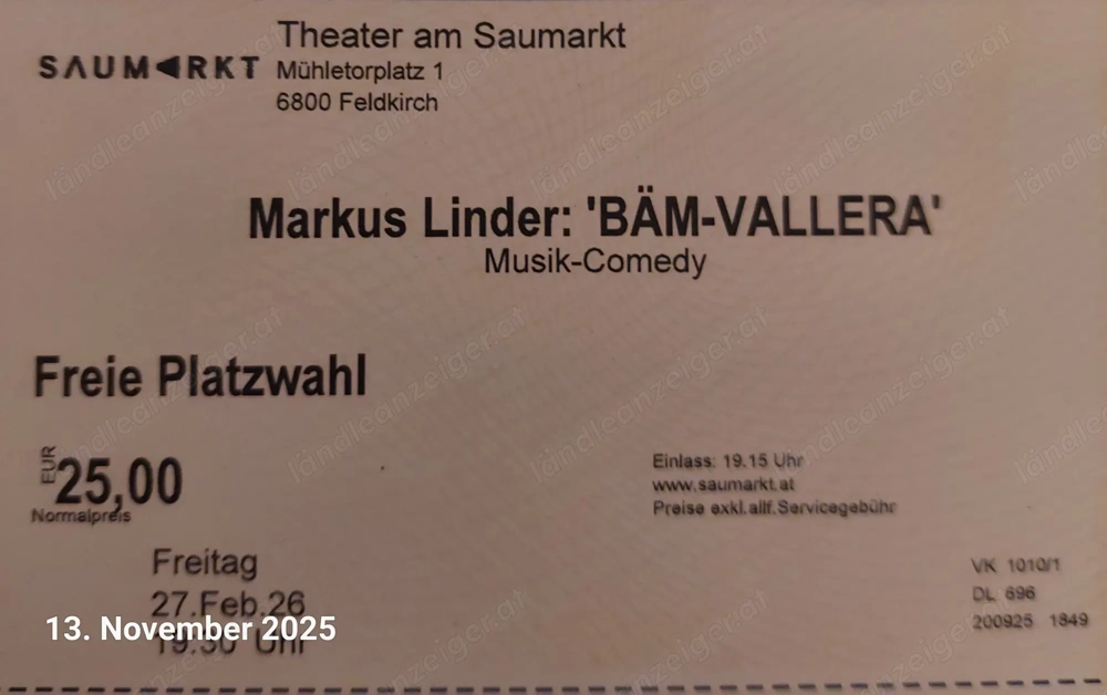 Comedy Karten für Markus Linder "Bäm Vallera"