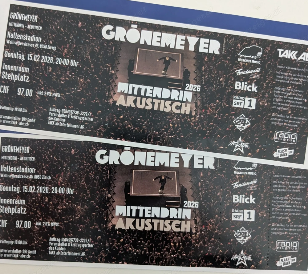 2 Grönemeyer-Tickets für Zürich am So, 15.02. (50 EUR günstiger)