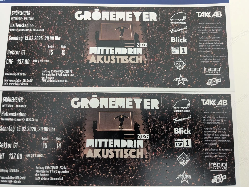 2 Grönemeyer-Sitzplatztickets für Zürich am So, 15.02. (Kategorie 1, 50 EUR günstiger)