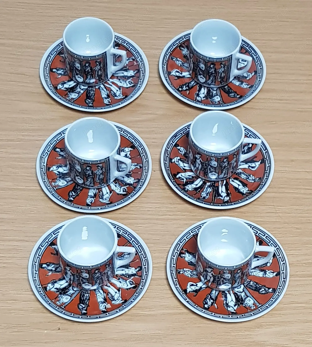 6 Mokka Tassen mit Untertasse, Hand Made, Painted in Greece, H 4,5 cm,   4,5 cm, Untertassen   10 cm