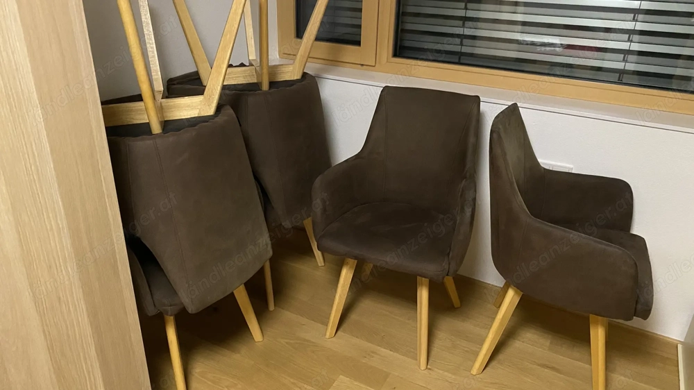 Set aus 6 Esszimmer-Stühlen. Unempfindlicher Mikrofaserbezug, Massivholzgestell.