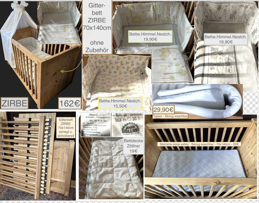 Gitterbett Zirbe Gitterbettgarnitur Topper ab 15,50Euro