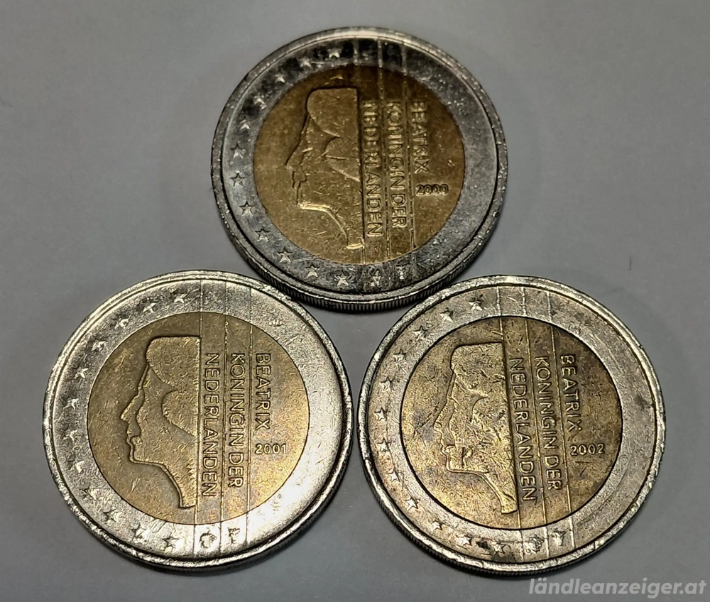 2 Euro Münzen Königin Beatrix, 2000, 2001 und 2002, NL